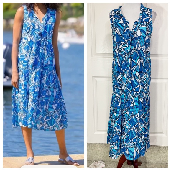 Sail to Sable sleeveless midi dress neck tie blue flag print - Picture 1 of 9